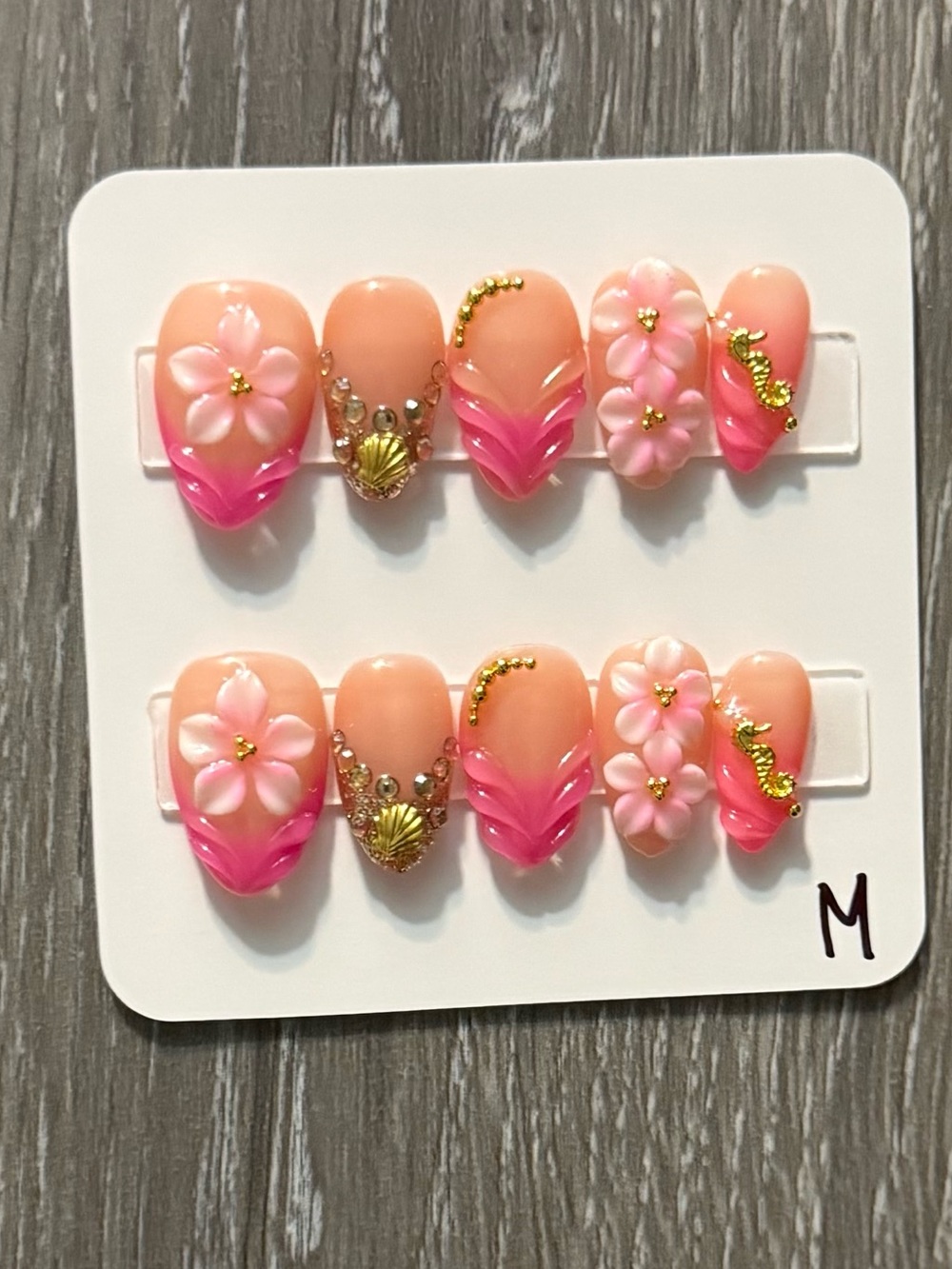 Peach & Hot Pink Floral Press-On Nail Set with Gold Accents